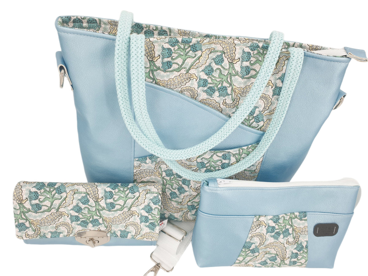 Handtasche einzeln oder im Set mit Geldbörse und Kosmetiktasche blau metallic von Atelier MiaMia