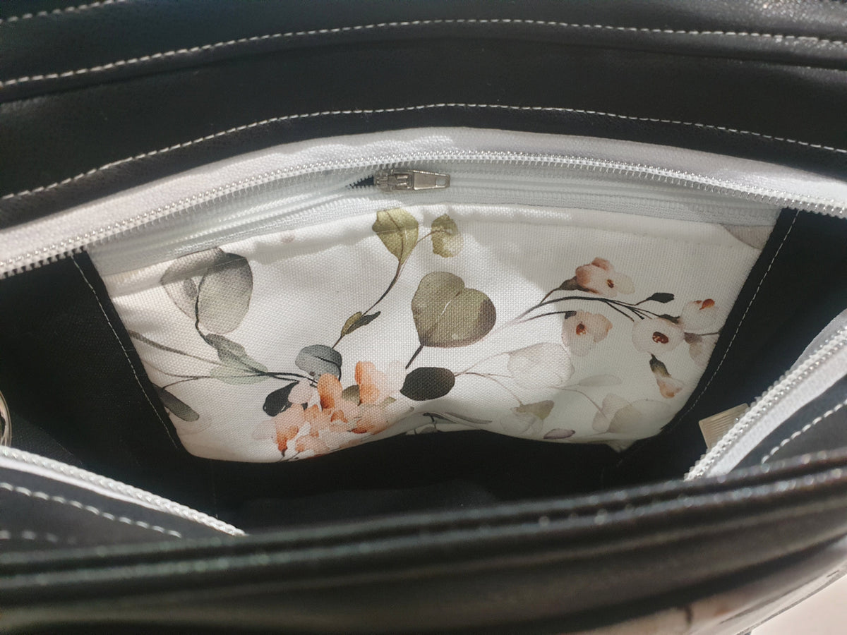 Handtasche einzeln oder im Set mit Geldbörse und Kosmetiktasche Blumen/Eukalyptus von Atelier MiaMia