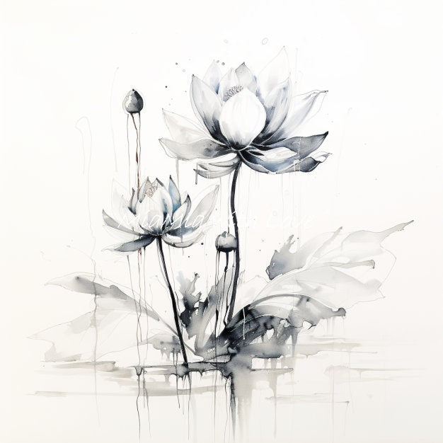Sumi Ink lotus Blumen Floral als Stoff Panel, Stoffdruck, personalisierte Designs, Canvas, Kunstleder, Softshell oder Samt