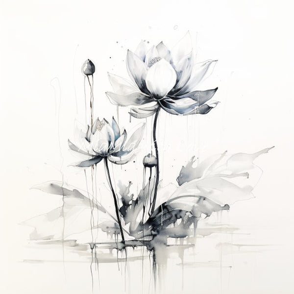 Sumi Ink lotus Blumen Floral als Stoff Panel, Stoffdruck, personalisierte Designs, Canvas, Kunstleder, Softshell oder Samt