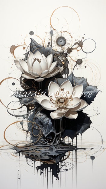 Sumi Ink lotus Rose Steam Punk 1,2,3,4 Floral als Stoff Panel, Stoffdruck, personalisierte Designs, Canvas, Kunstleder, Softshell oder Samt