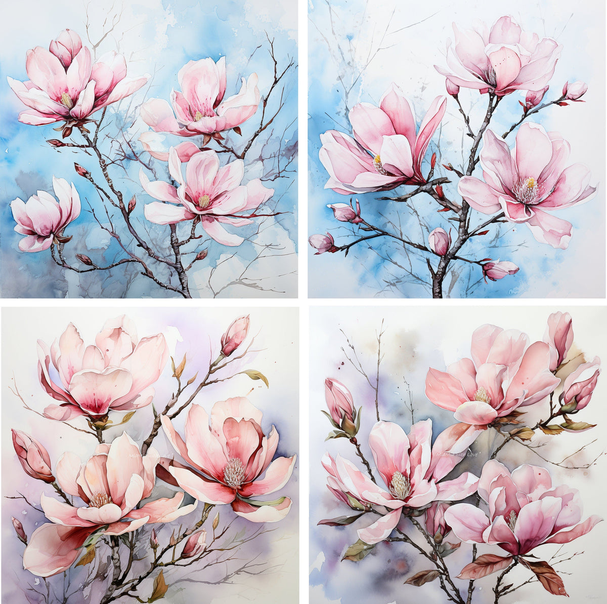 Magnolien 4 Motive als Stoff Panel, Stoffdruck, personalisierte Designs, Canvas, Kunstleder, Softshell oder Samt