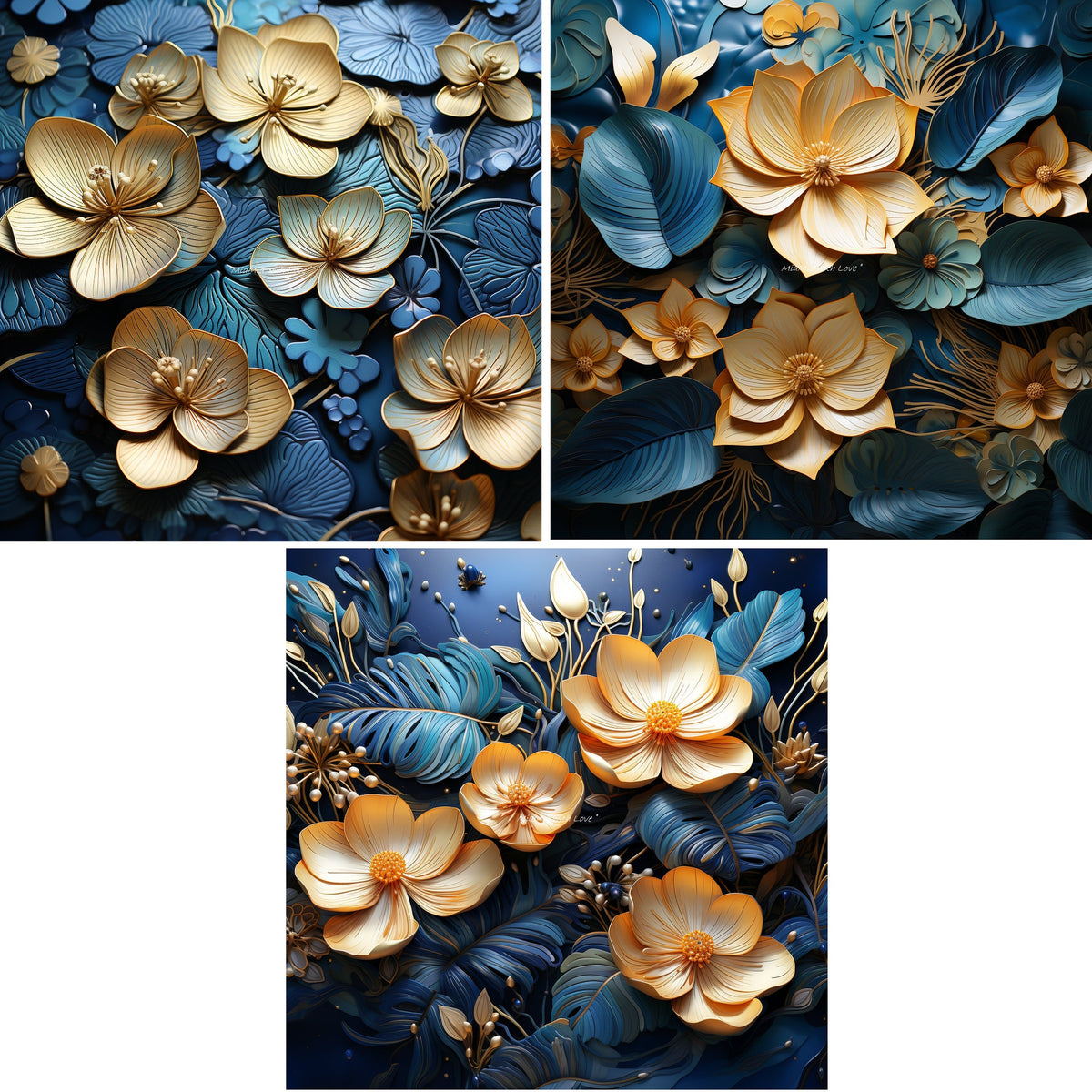 Blumen 3D 3 Motive als Stoff Panel, Stoffdruck, personalisierte Designs, Canvas, Kunstleder, Softshell oder Samt